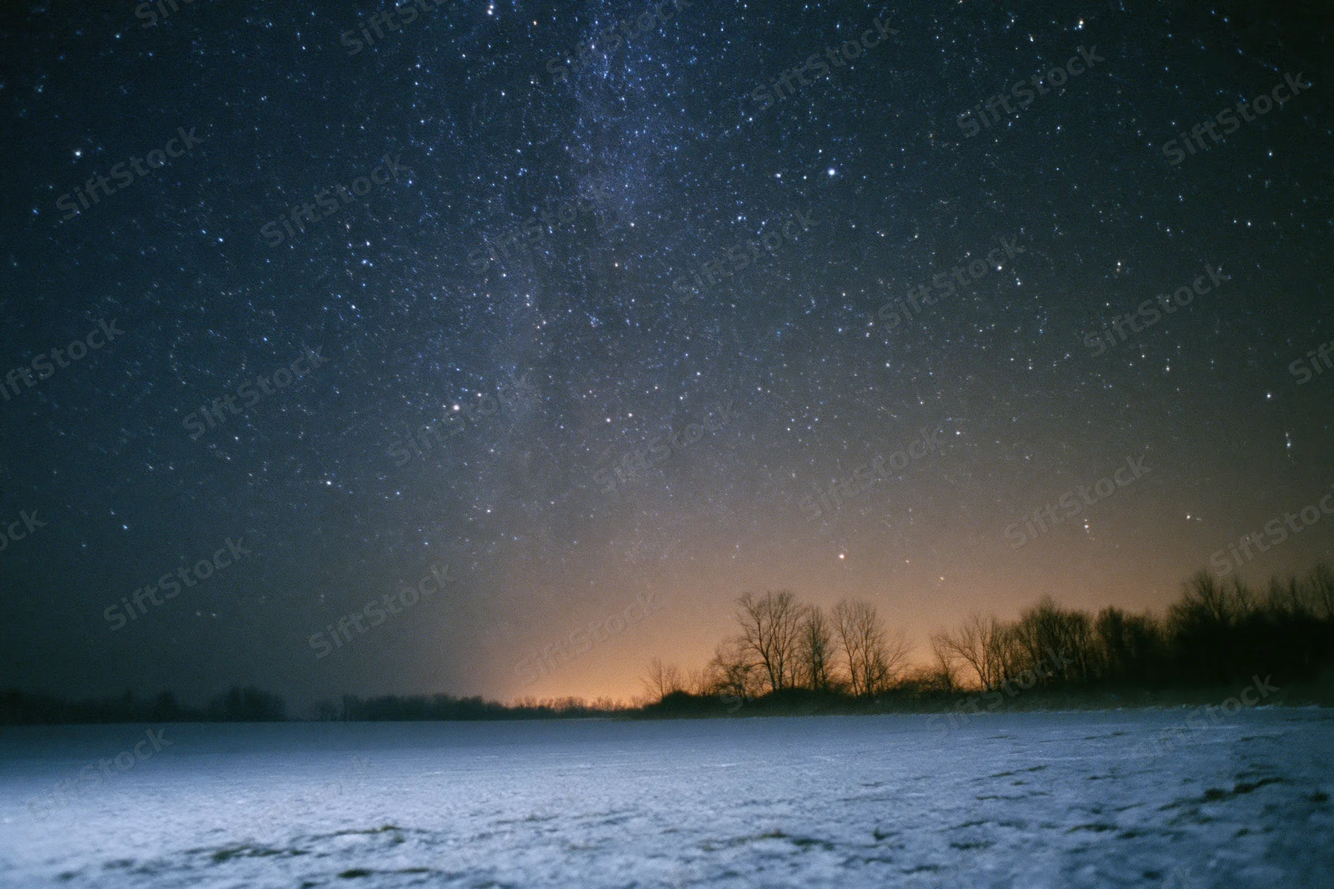 Snow-covered field under star-filled night sky with milky way visible above bare trees at horizon
