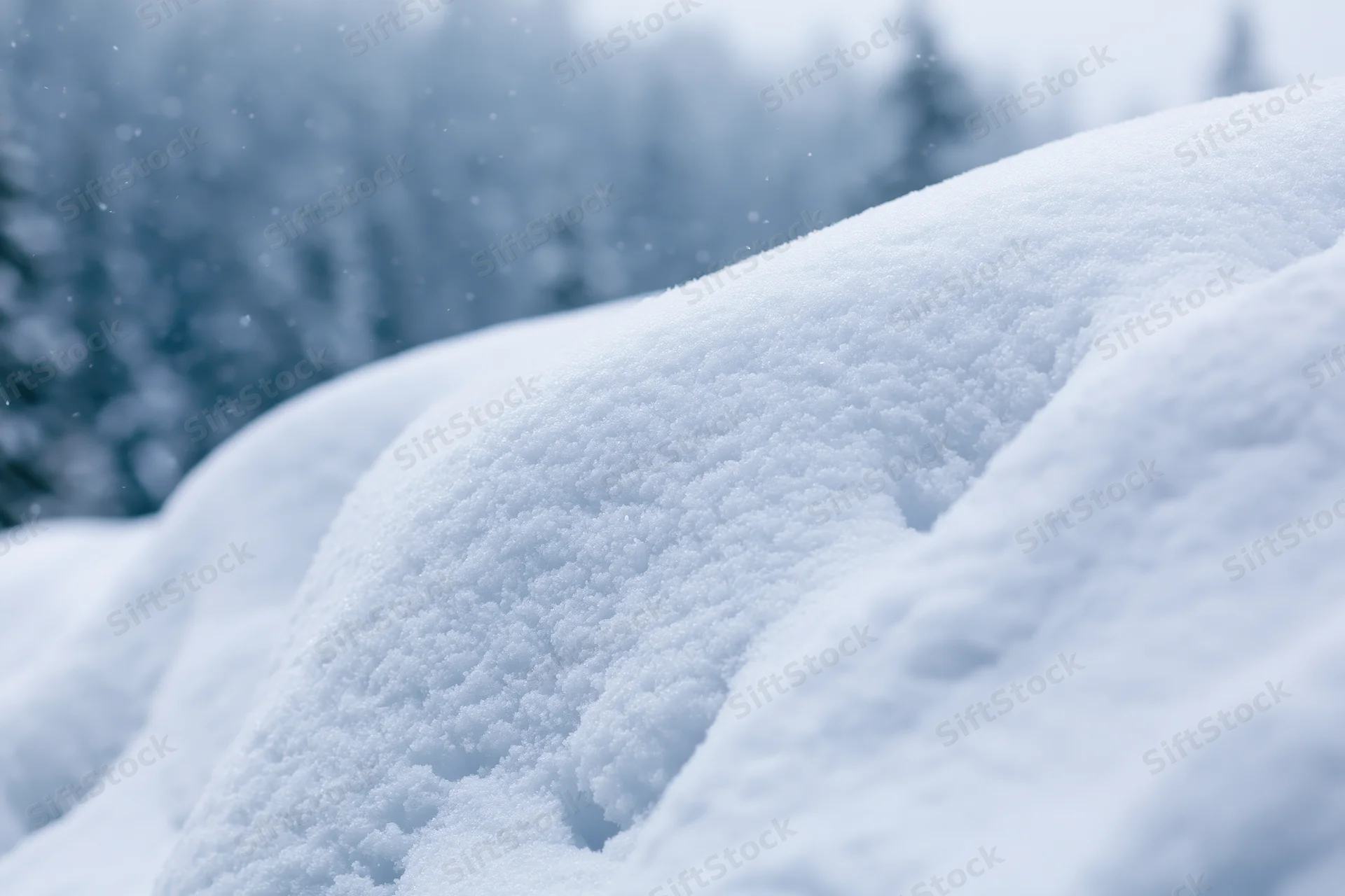 Snow drifts in the foreground with blurred forest in the background
