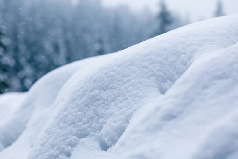 Snow drifts in the foreground with blurred forest in the background