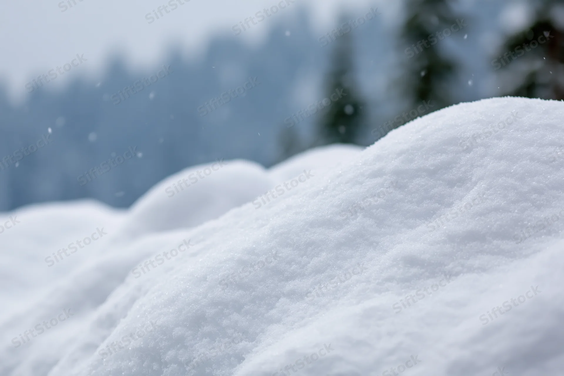 Snow drifts in the foreground with blurred forest in the background