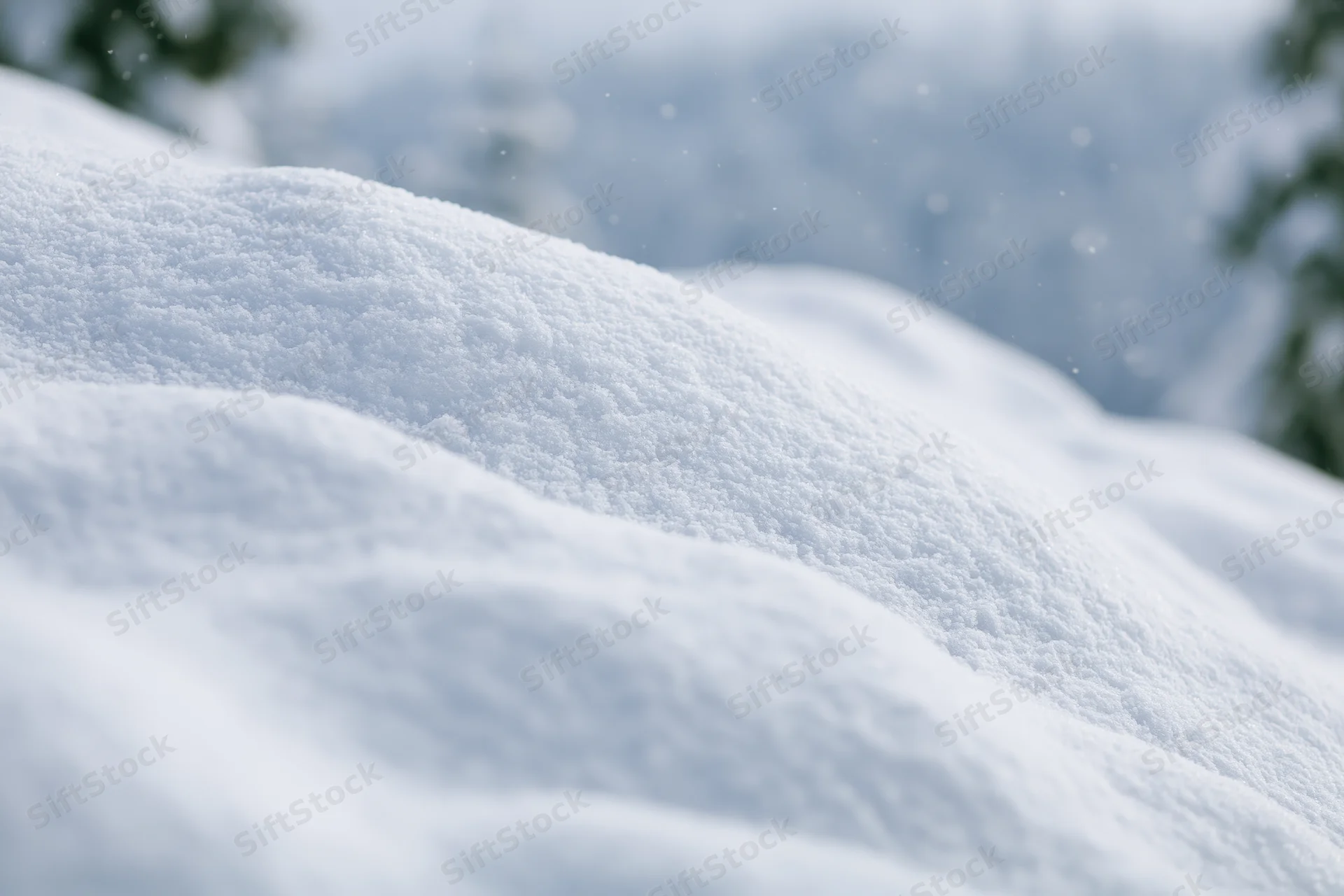 Fresh snow drifts in the foreground with blurred evergreen trees in the background