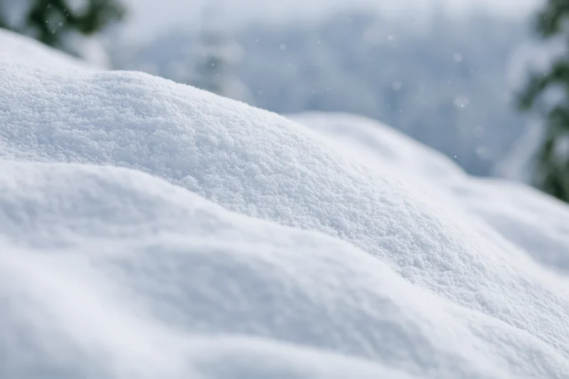 Fresh snow drifts in the foreground with blurred evergreen trees in the background