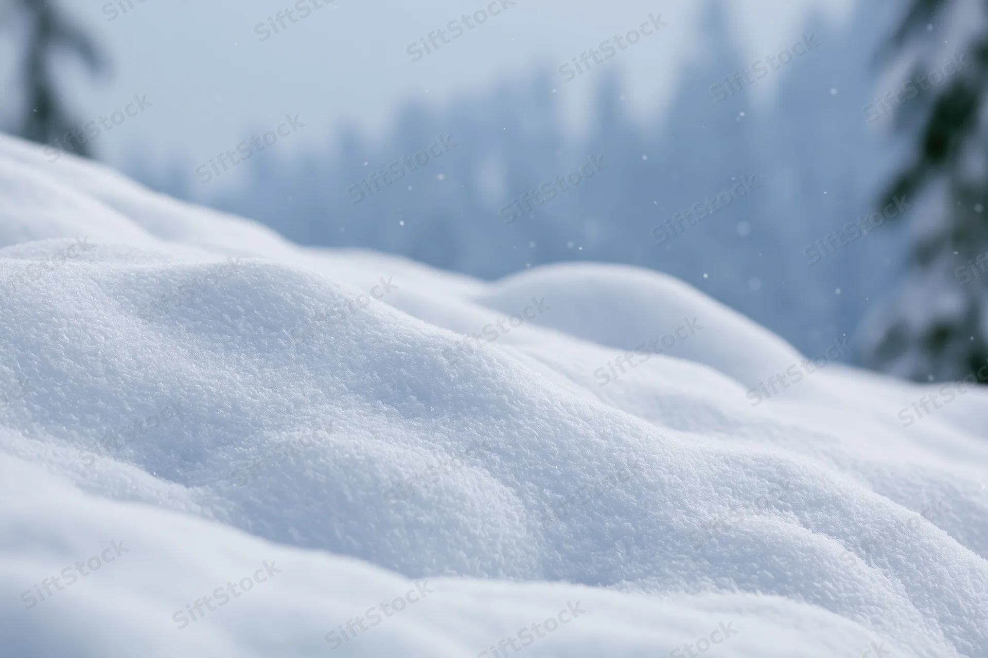 Snow drifts covering the ground in a forested winter landscape