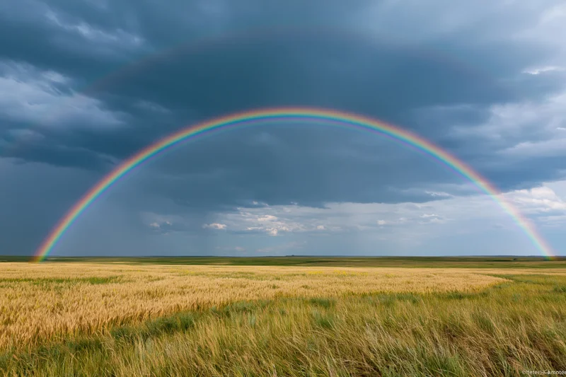 Double rainbow arching over flat prairie field under stormy sky