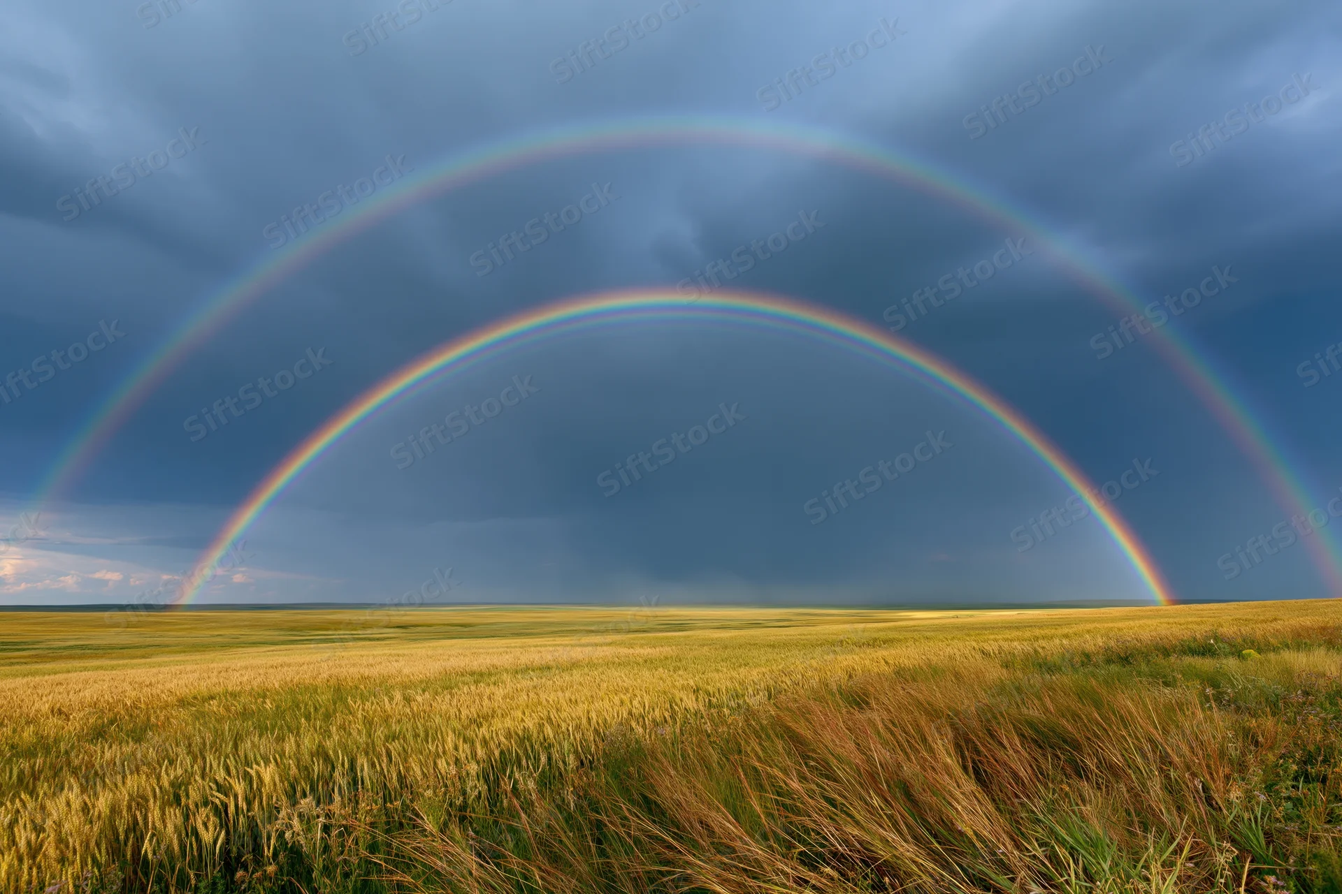 Double rainbow arching over golden wheat field on flat prairie under stormy sky