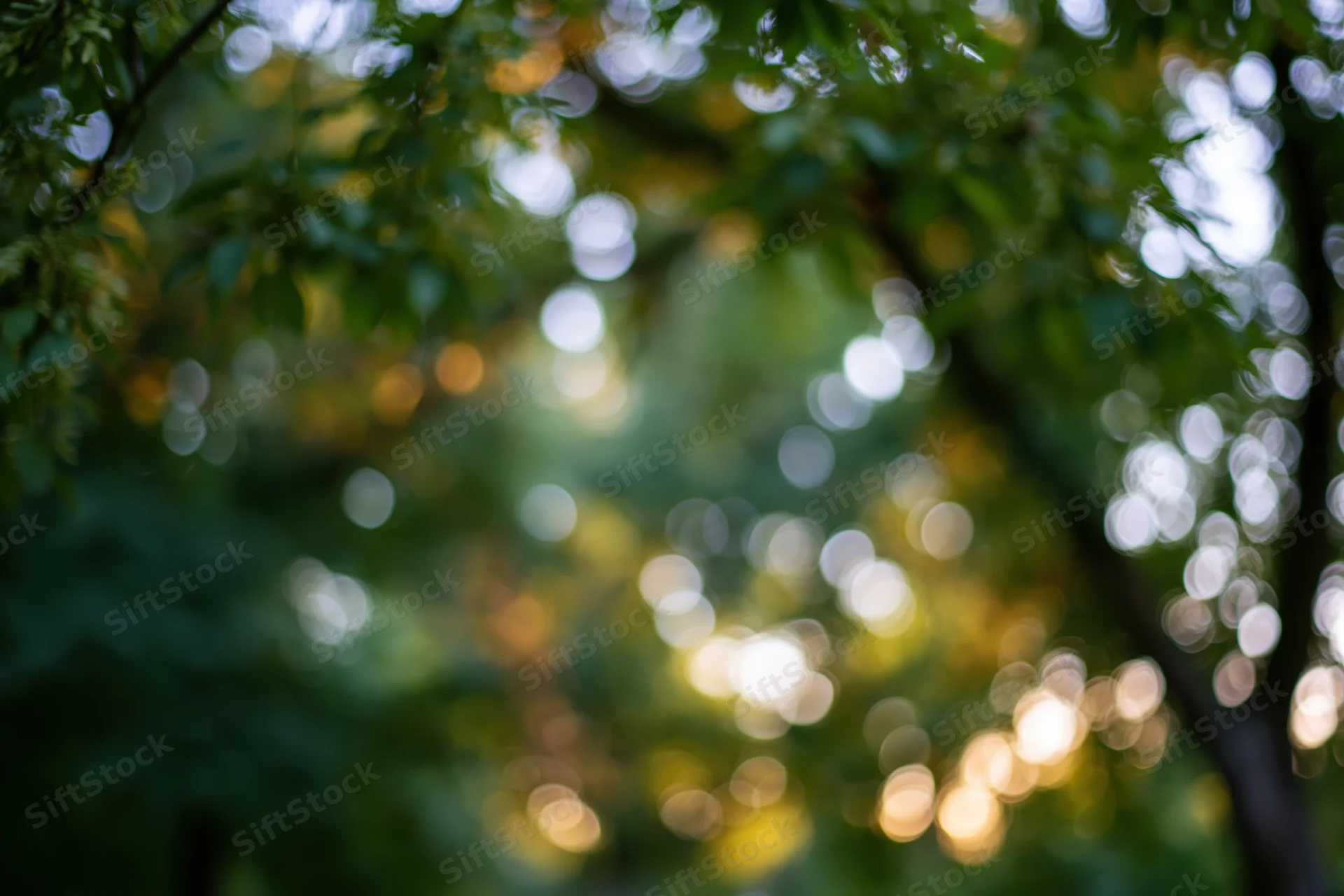 Defocused outdoor trees and foliage with sunlight creating bokeh effect in background