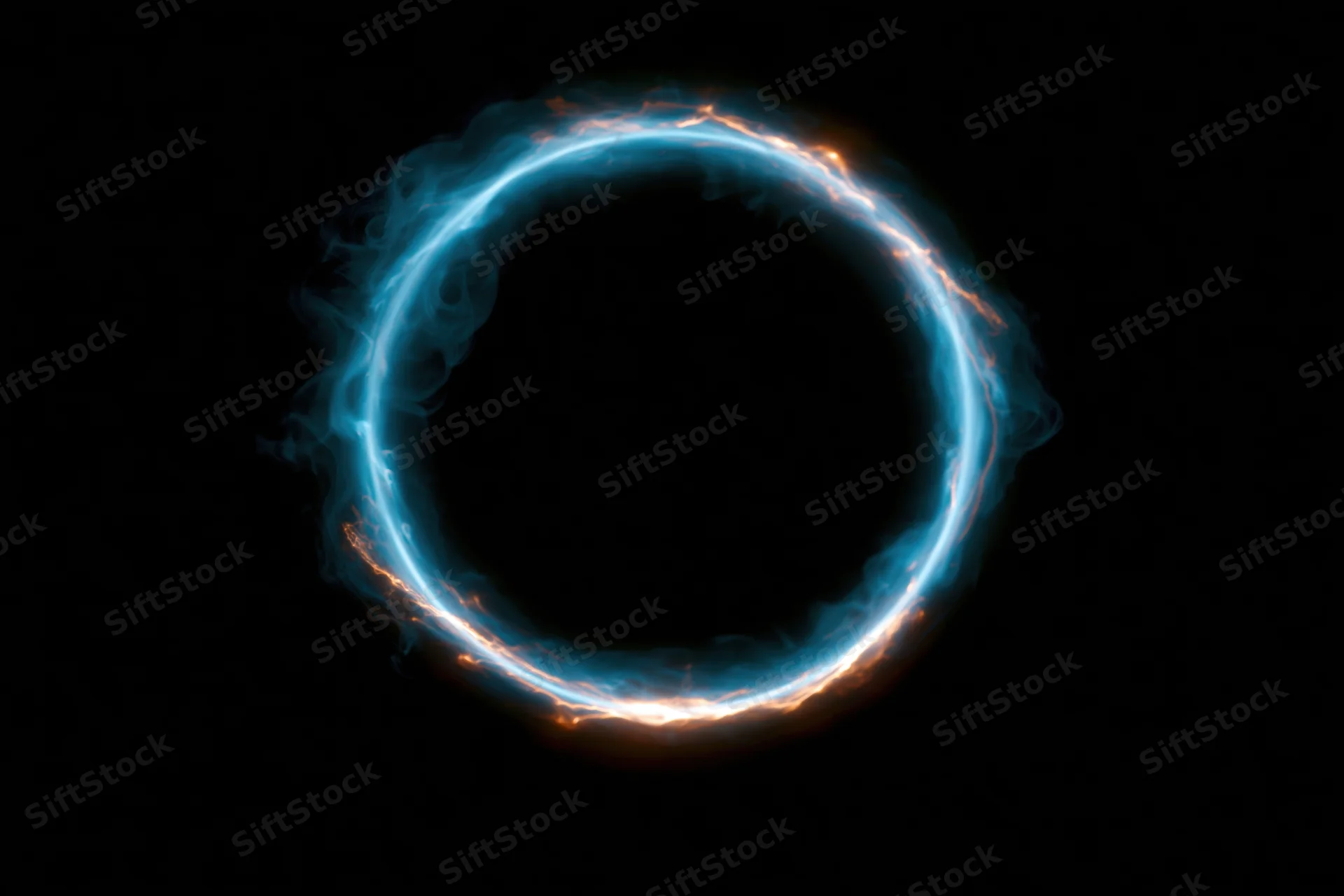 Glowing circular ring of electric blue plasma energy floating in dark space