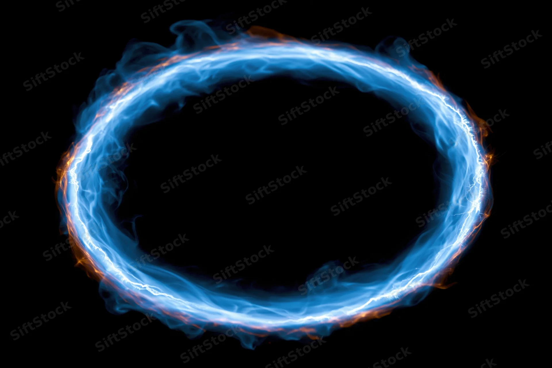 Glowing circular ring of electric blue plasma energy floating in black space
