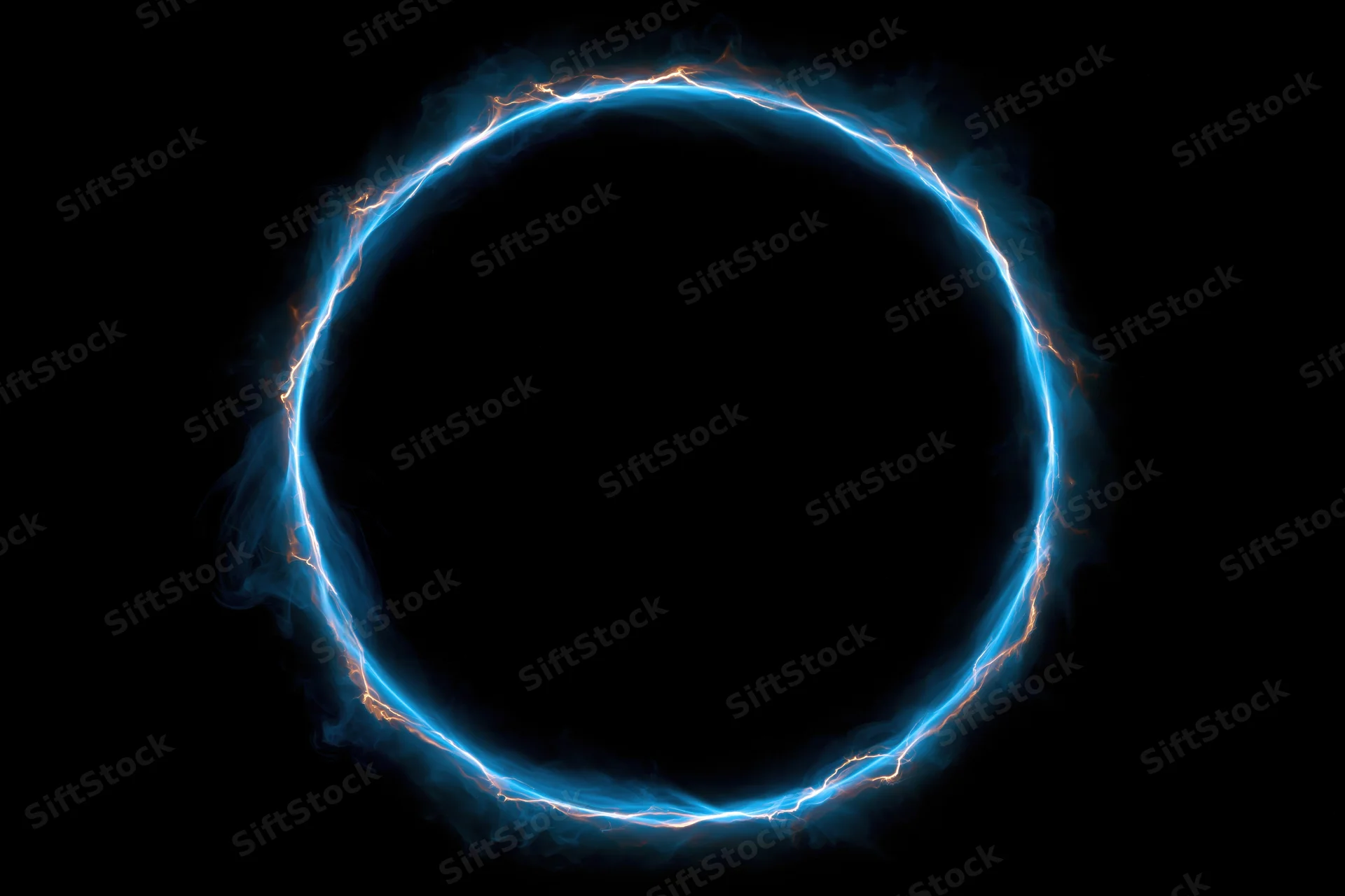 Glowing circular ring of electric blue plasma energy floating in dark space