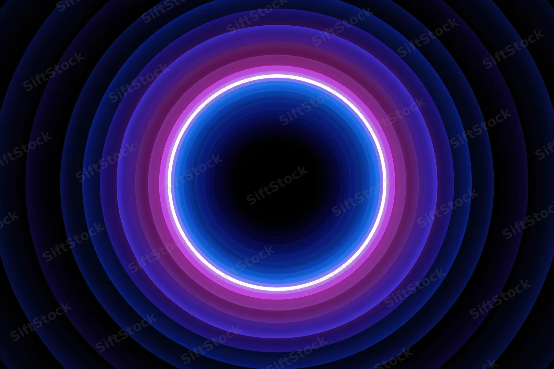 Glowing neon ring centered in a deep tunnel of concentric circles