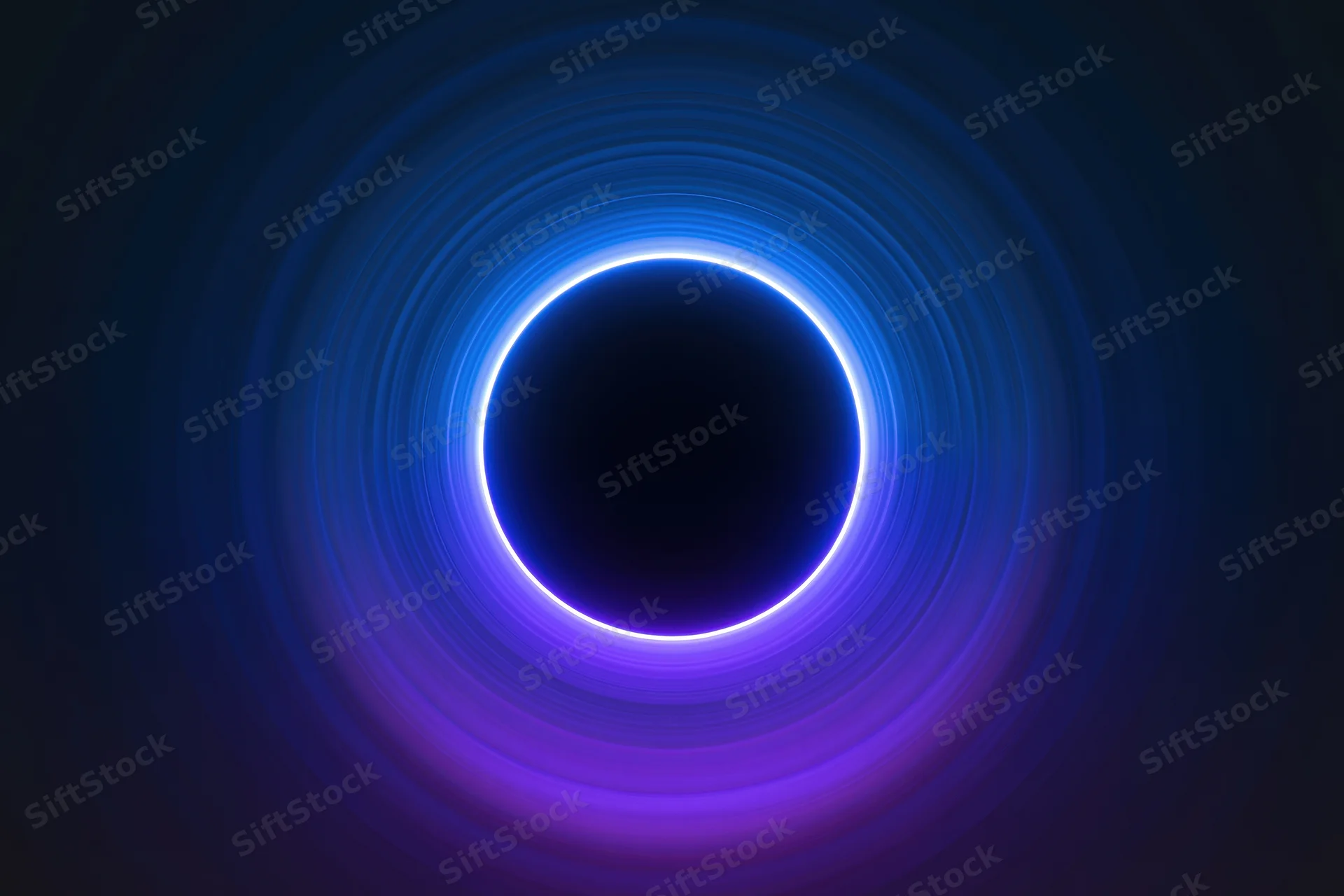 Glowing neon ring centered in a deep blue-purple tunnel with concentric light swirls