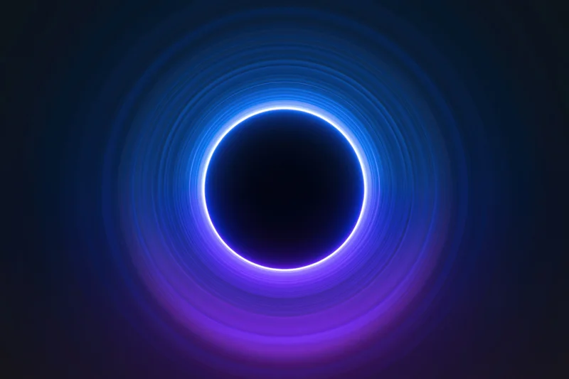 Glowing neon ring centered in a deep blue-purple tunnel with concentric light swirls