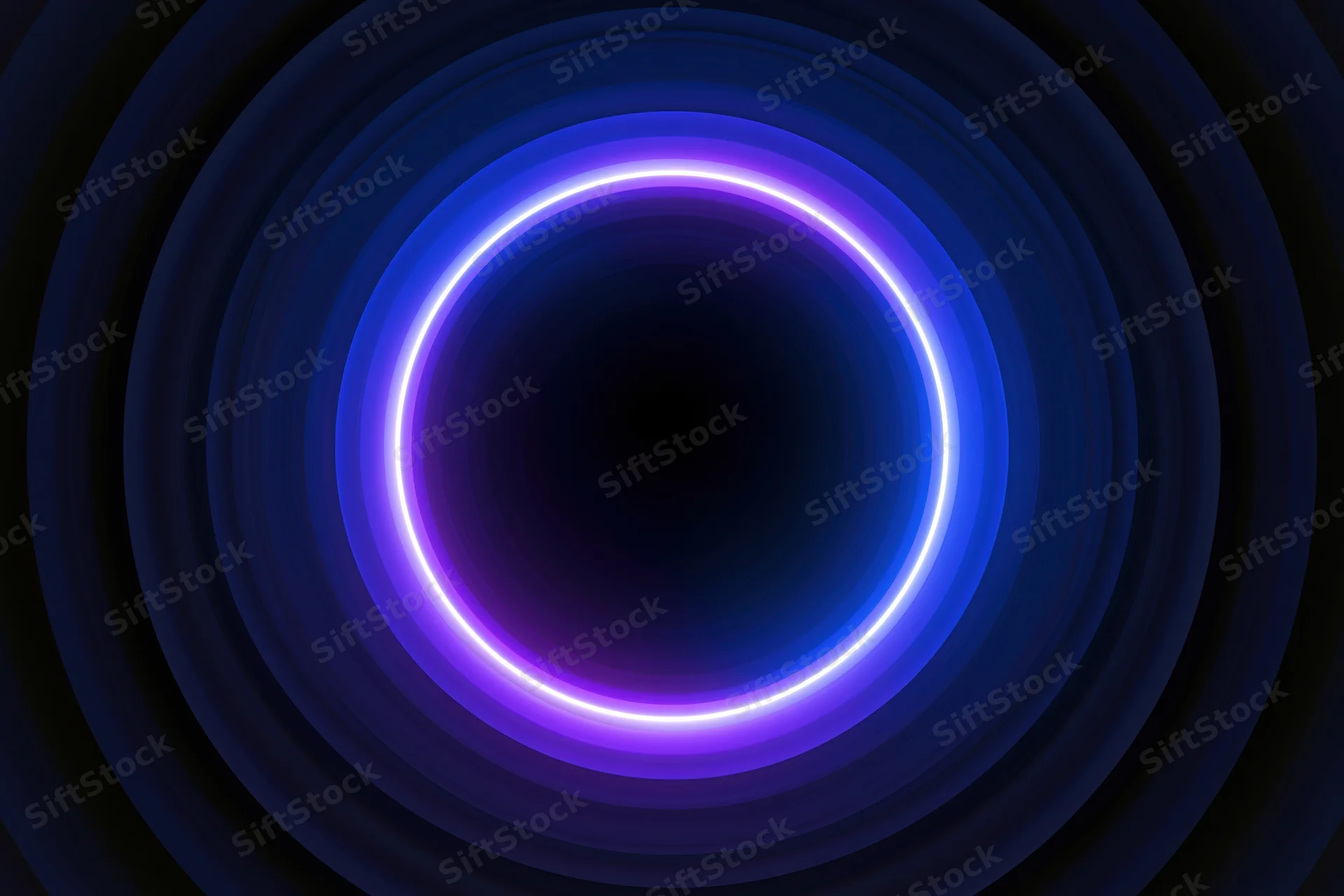 Glowing neon ring centered in a deep tunnel of concentric circles