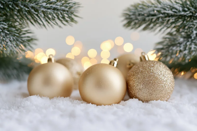 Gold christmas ornaments resting in soft white snow with frosted pine branches and warm bokeh lights in background
