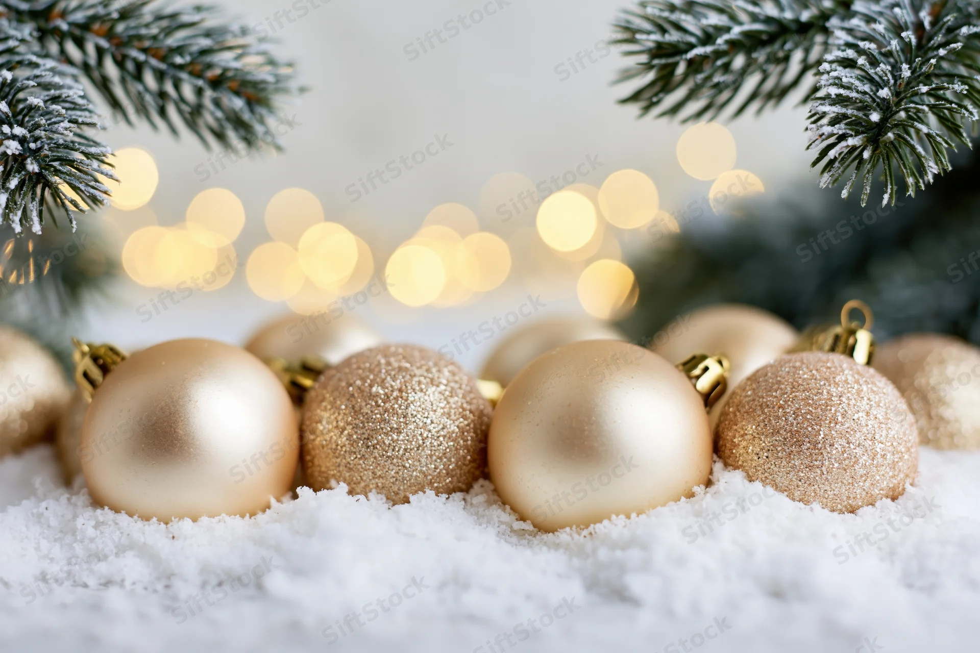 Gold christmas ornaments resting in soft white snow beneath frosted pine branches with blurred warm lights in background