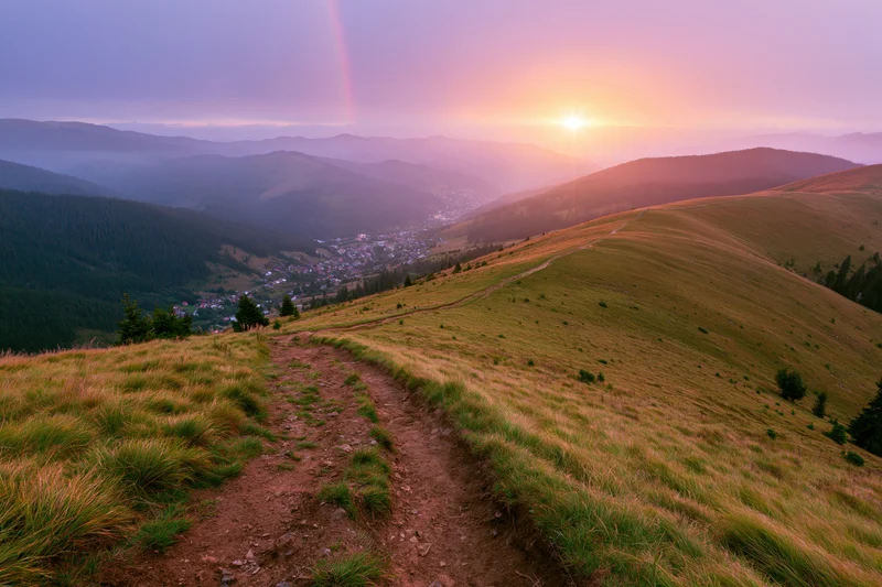Dirt path curving down a grassy mountain hillside toward a valley village at sunset