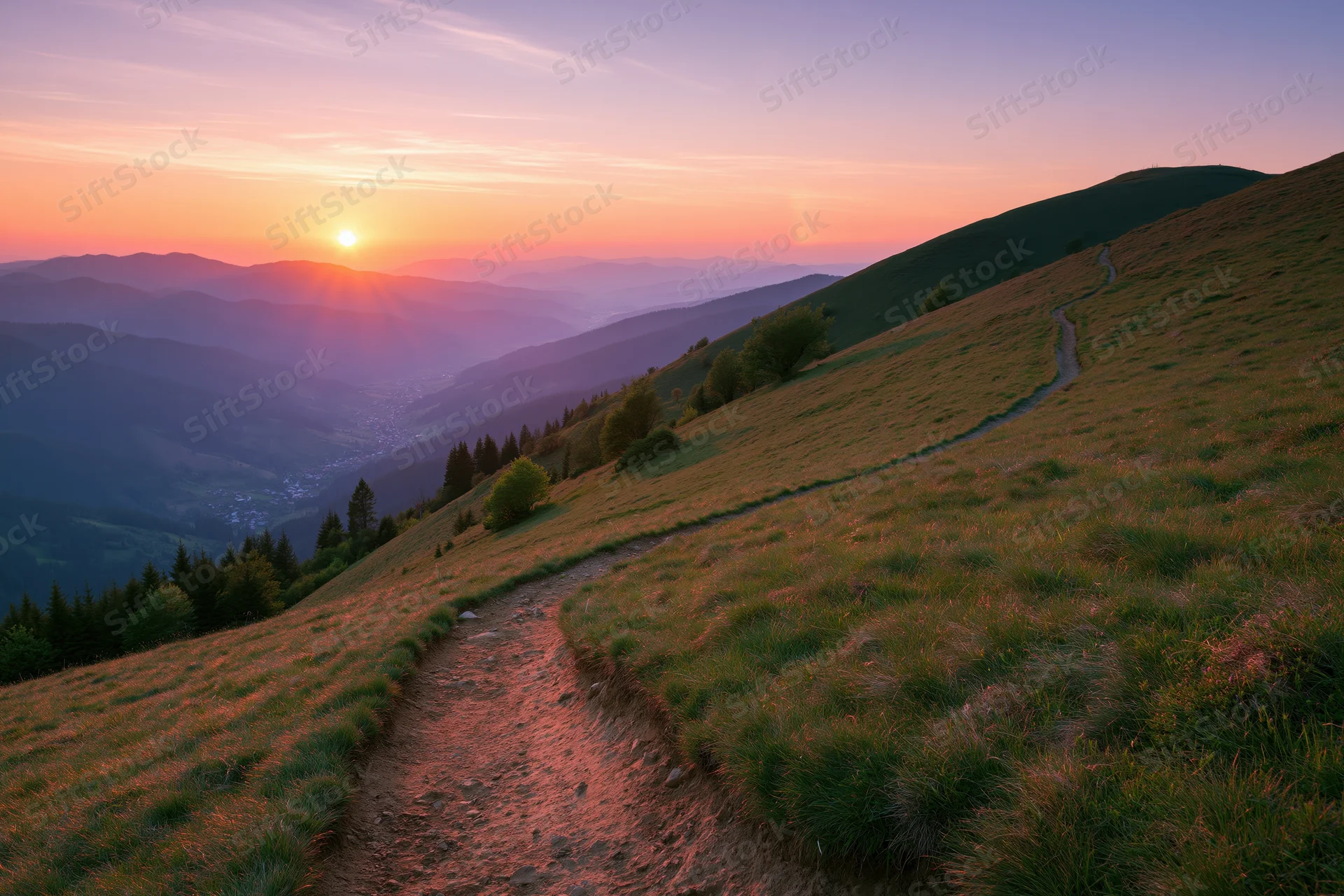 Dirt path winding down grassy mountain hillside toward valley at sunset