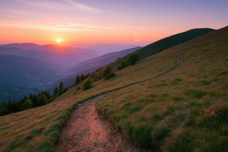 Dirt path winding down grassy mountain hillside toward valley at sunset