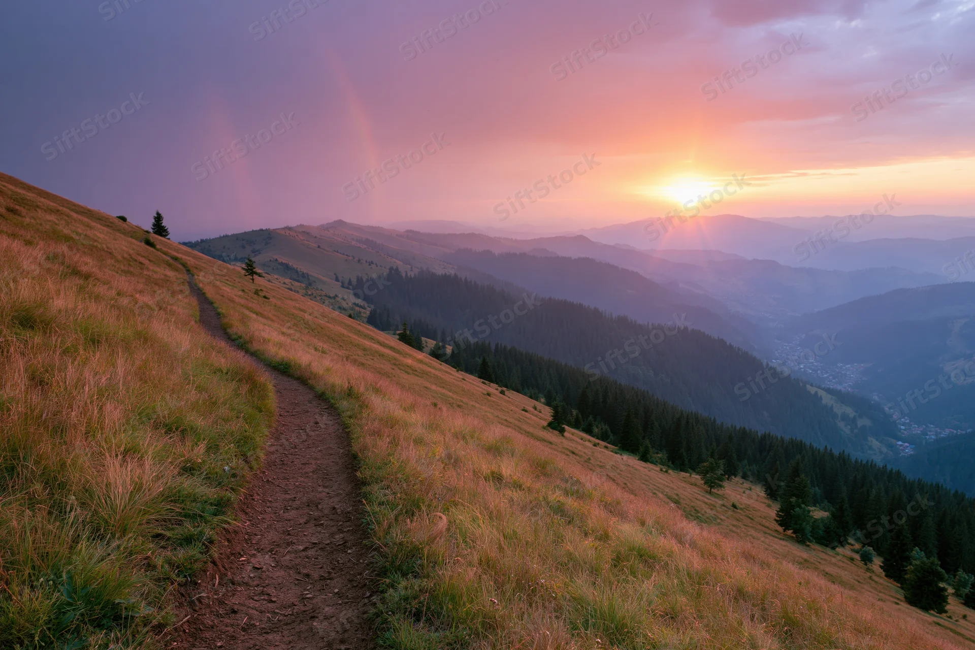 Dirt path curving down a grassy mountain hillside at sunset overlooking a forested valley