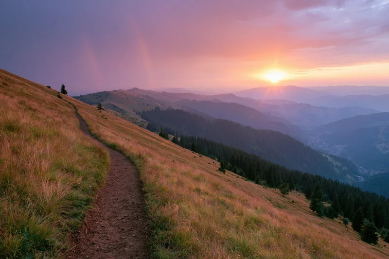 Dirt path curving down a grassy mountain hillside at sunset overlooking a forested valley