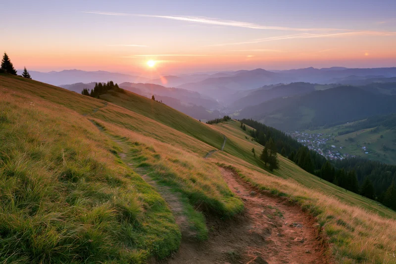 Grassy mountain hillside with a curving dirt path descending into a valley at sunset