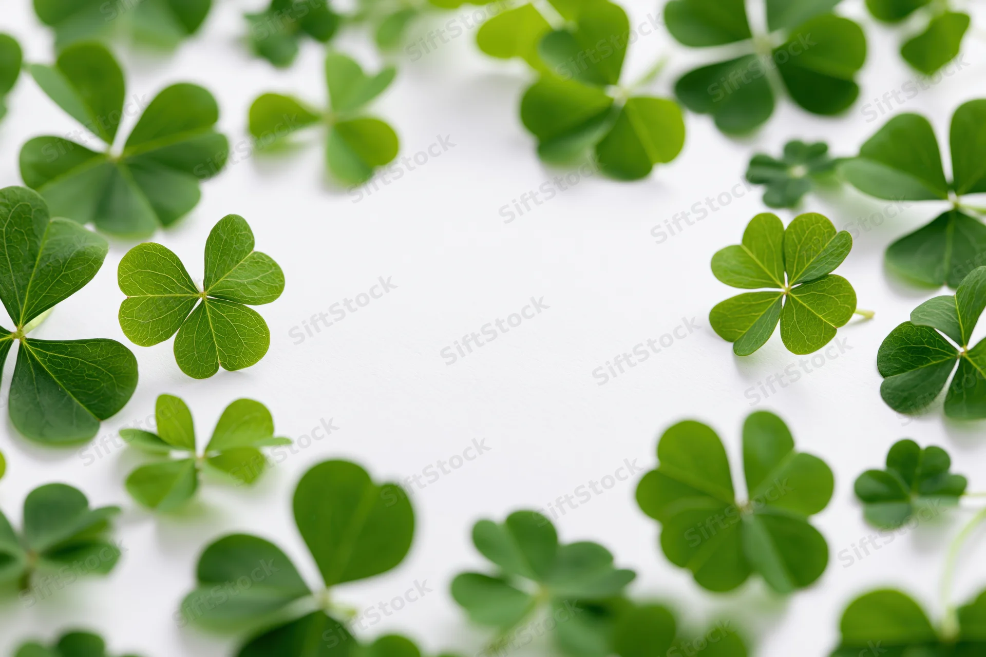 Green clover and shamrock leaves scattered around the edges of a white surface forming a frame with copyspace in center