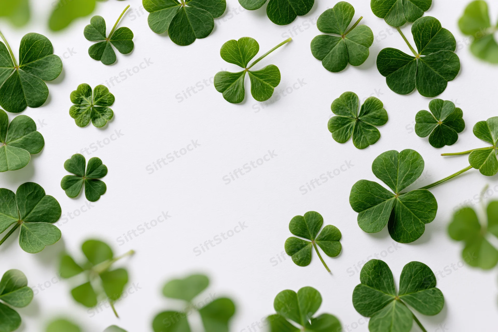 Green clover and shamrock leaves arranged in a border around a white background with copyspace in the center