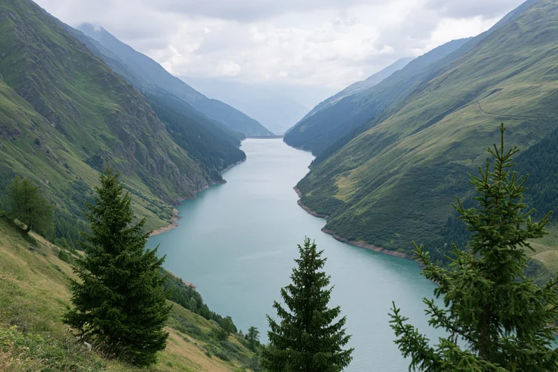Reservoir nestled between steep green mountains under cloudy sky