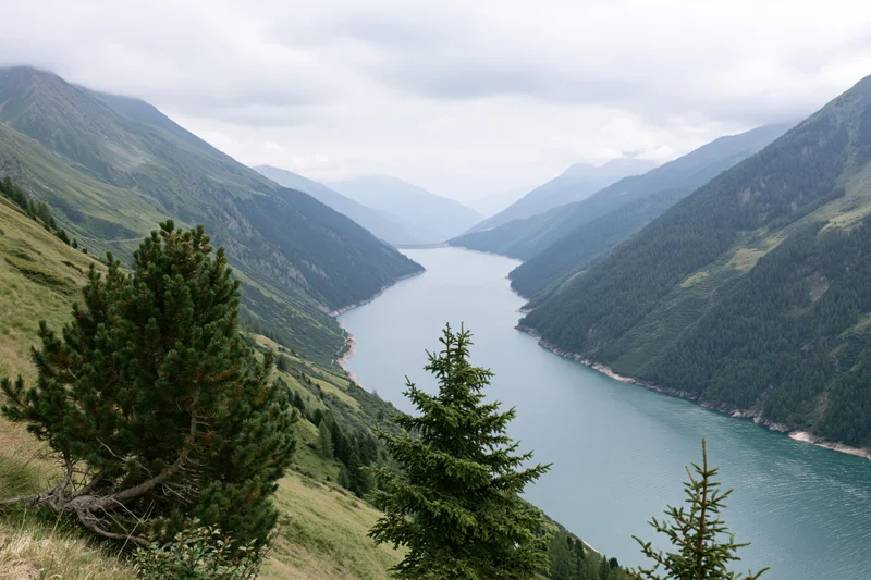 High-altitude reservoir nestled between steep green mountains under cloudy sky