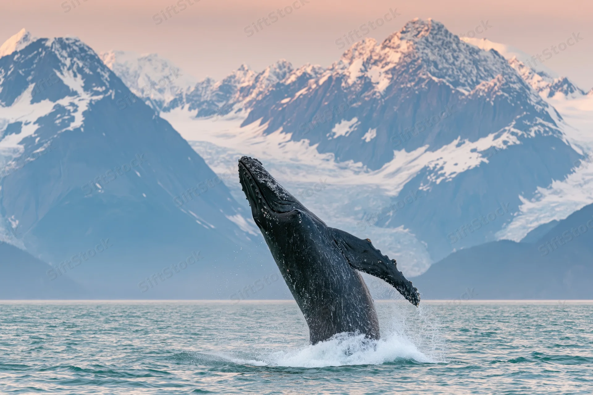 Humpback whale breaching from calm glacial fjord water with snow-capped mountains in the background