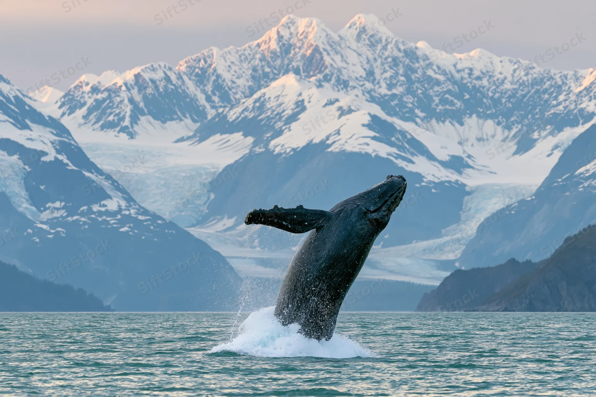 Humpback whale breaching from calm glacial fjord water with snow-capped mountains in background