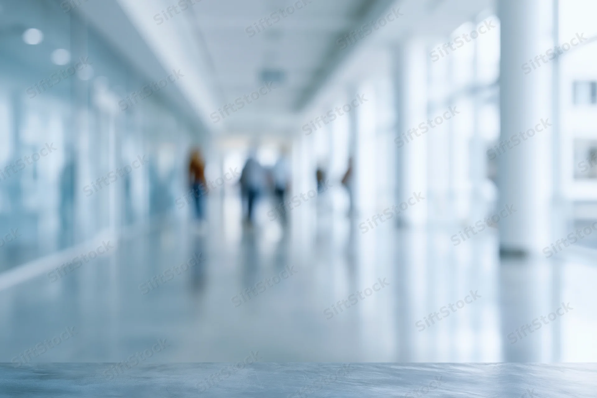 Blurred interior of modern office corridor with people walking in the distance