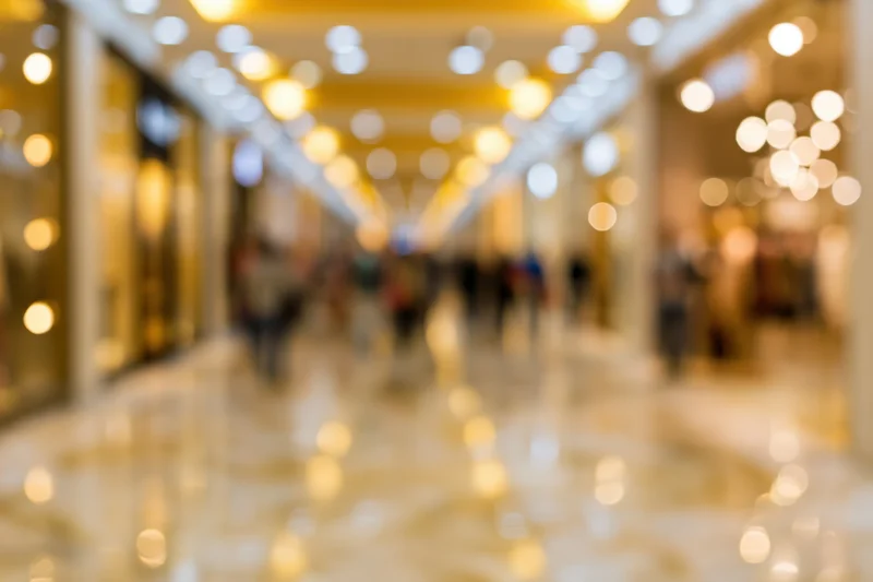 Defocused interior of an upscale shopping mall with bokeh lights and people walking along a marble corridor