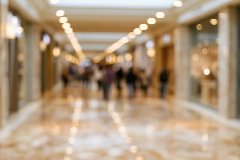 Defocused interior of an upscale shopping mall with blurred people walking along a marble-floored corridor lined with storefronts and recessed ceiling lights