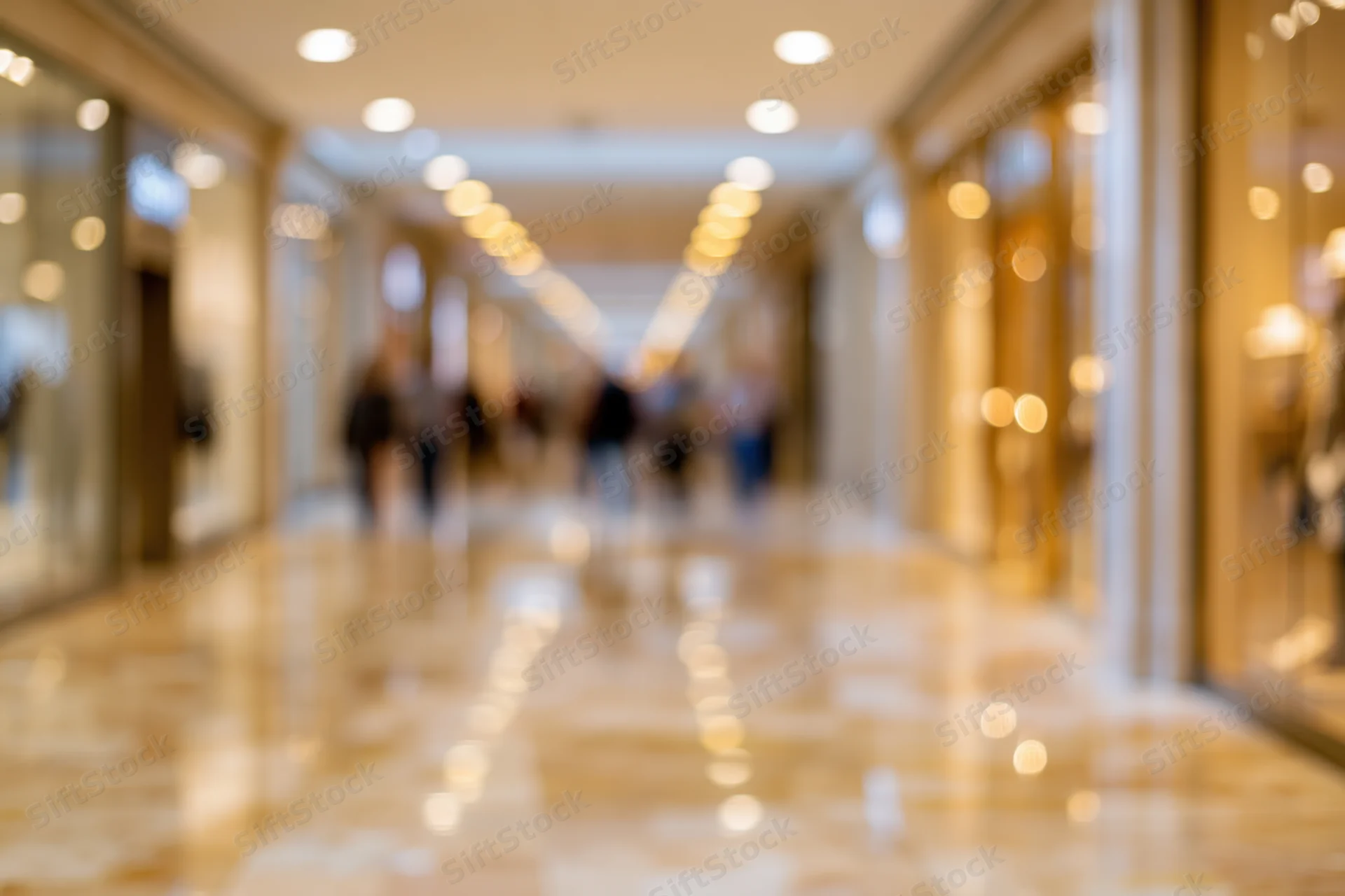 Defocused interior of an upscale shopping mall corridor with blurred shoppers walking along a reflective marble floor under warm ceiling lights