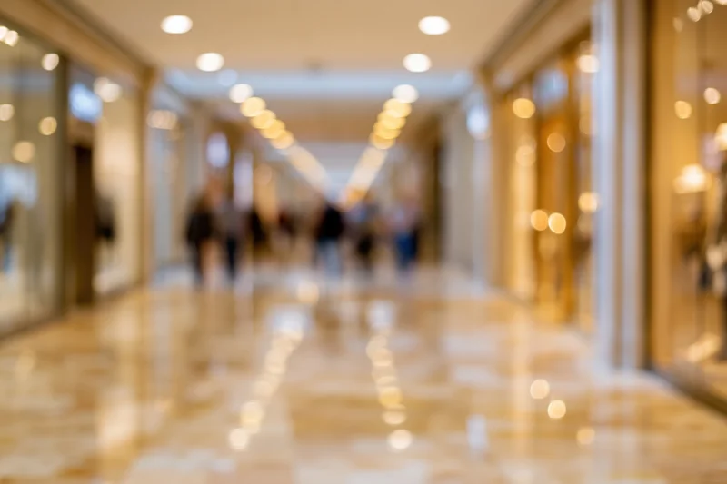 Defocused interior of an upscale shopping mall corridor with blurred shoppers walking along a reflective marble floor under warm ceiling lights