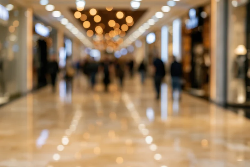 Defocused interior of an upscale shopping mall with bokeh lights and reflective marble floor