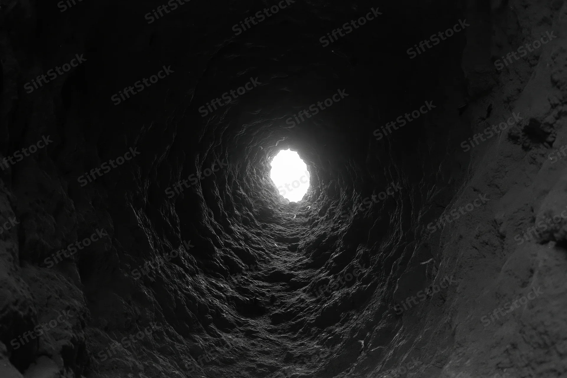Hand-carved rock tunnel receding toward a bright opening at the far end