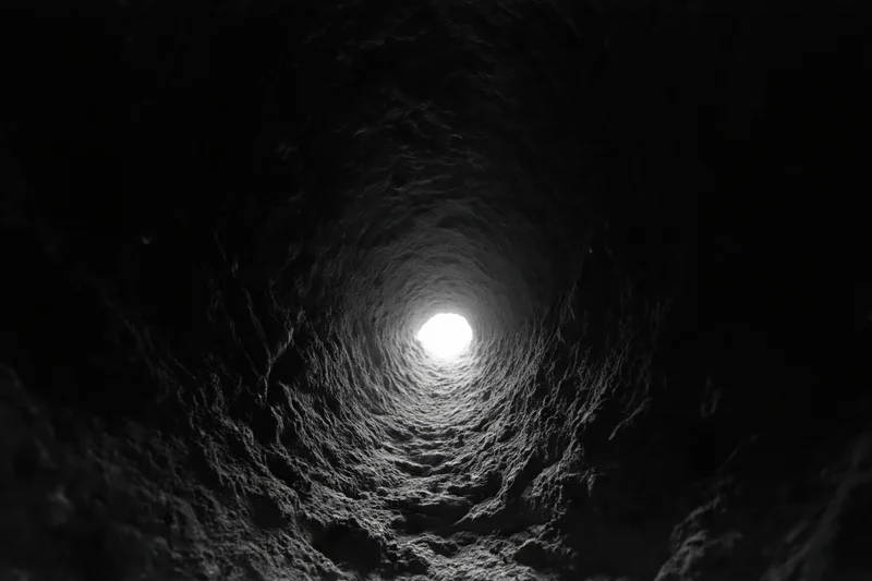 Hand-carved rock tunnel receding toward a bright circular light at the end