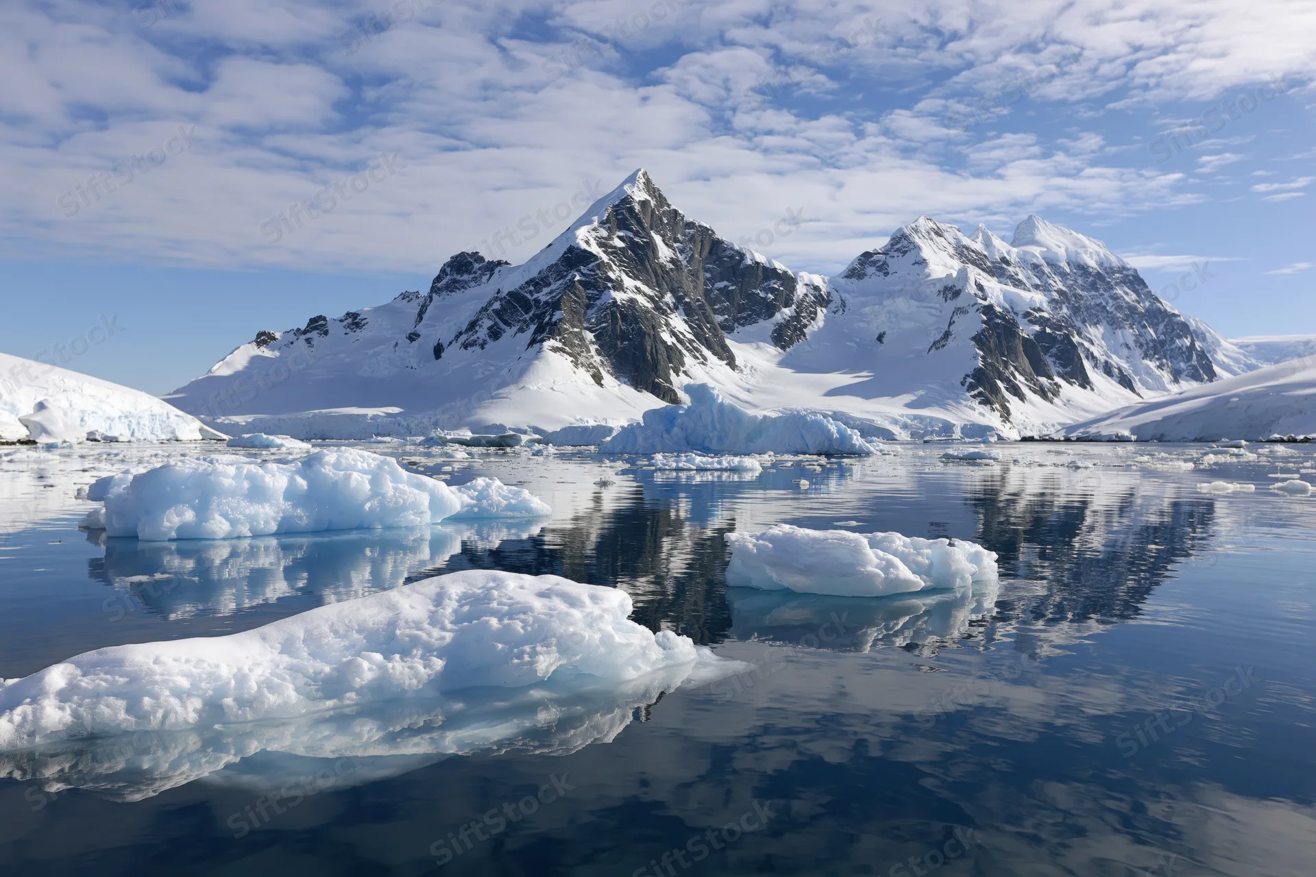 Jagged snow-covered mountain peaks rising above calm icy waters in antarctica