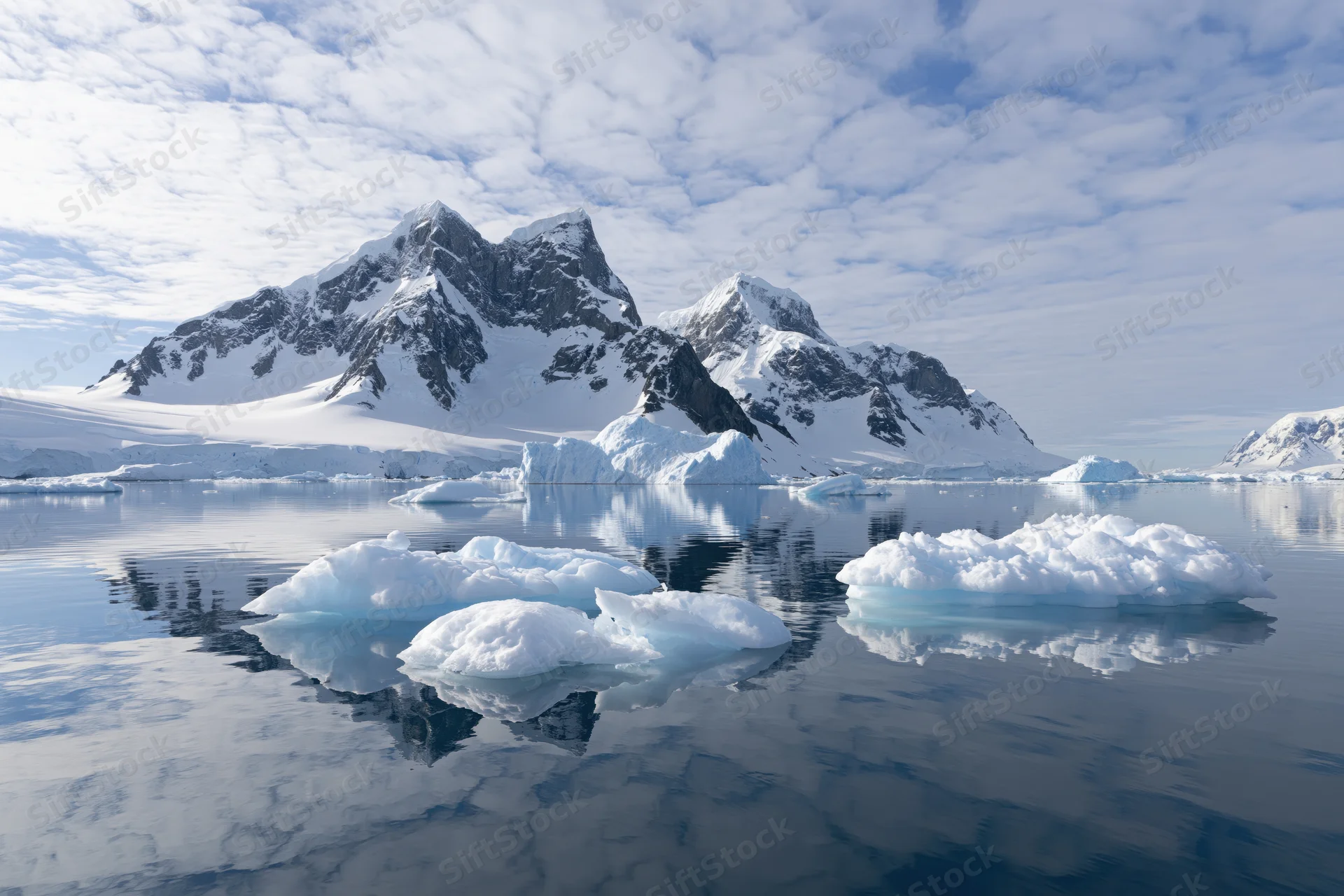 Jagged snow-covered mountain peaks rising above calm icy waters in antarctica
