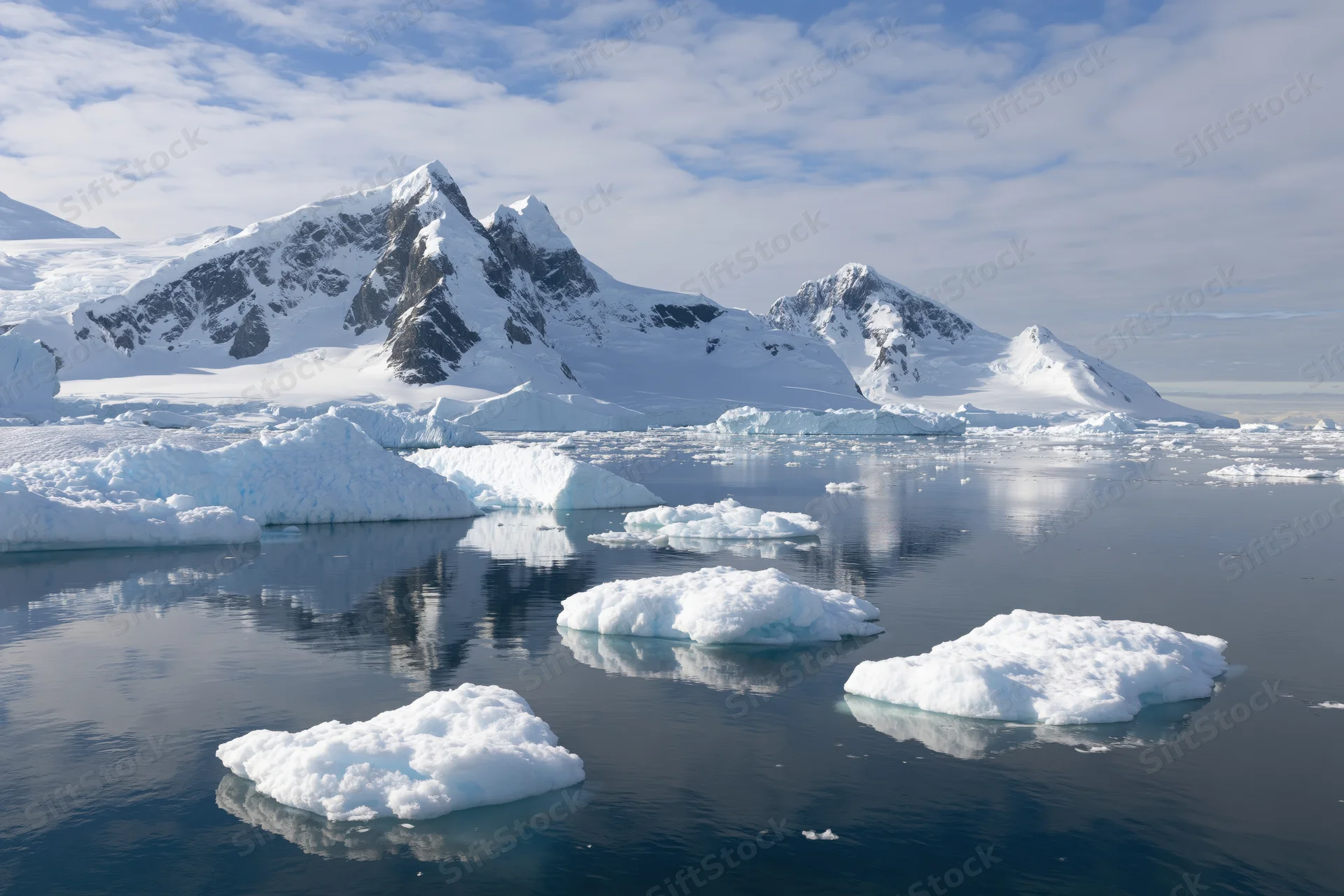 Jagged snow-covered mountain peaks rising above icy ocean with floating icebergs in antarctica