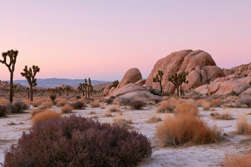Joshua trees and rock formations in desert landscape at dusk in national park