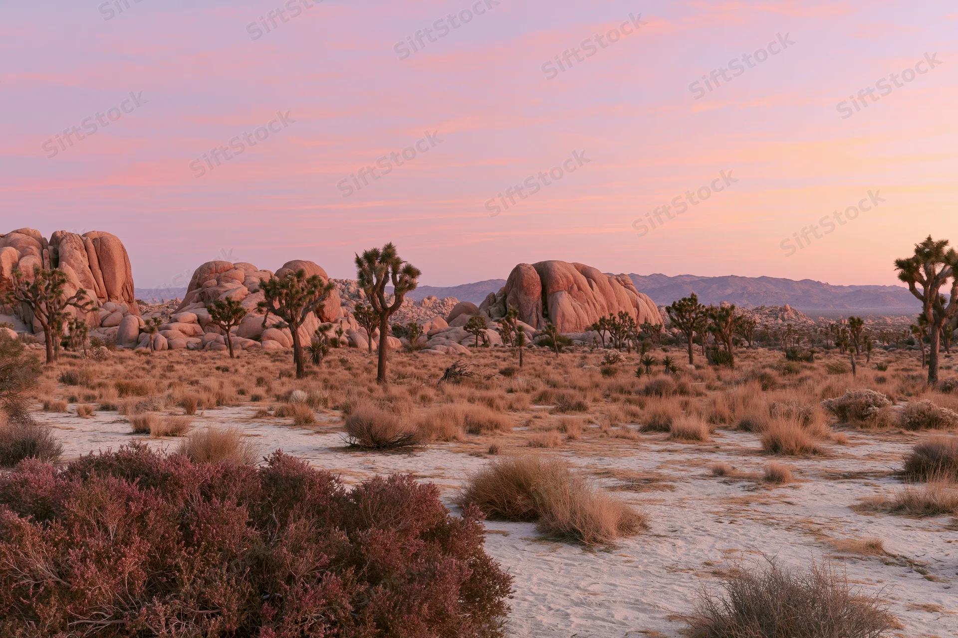 Joshua trees and boulders in desert landscape at dusk in joshua tree national park