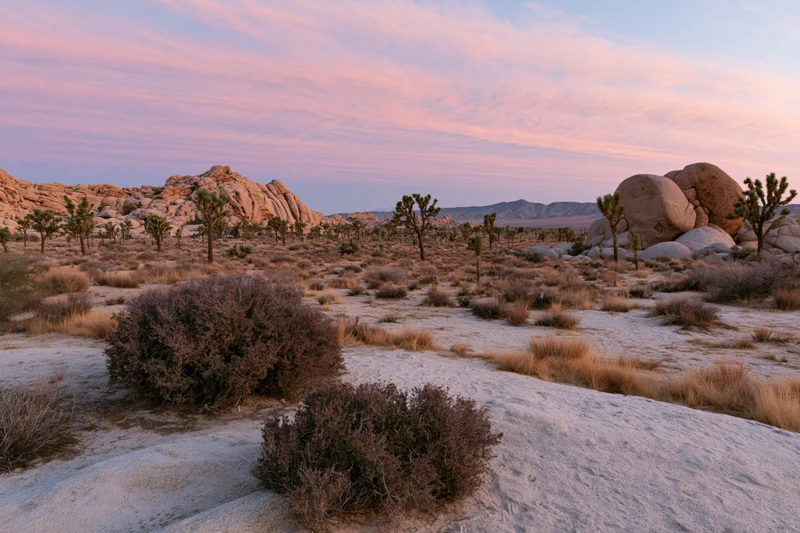 Joshua trees and boulders scattered across desert terrain at dusk in national park