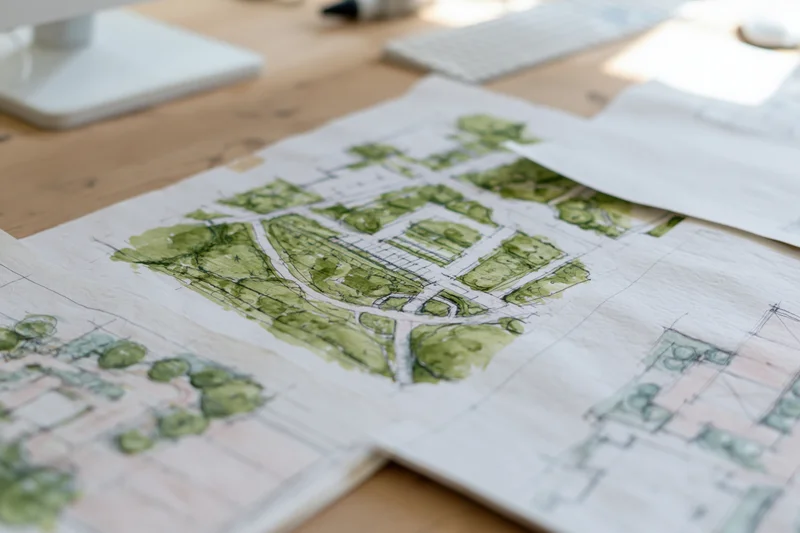 Hand-drawn landscape architecture garden plan sketch on wooden desk with computer and office supplies