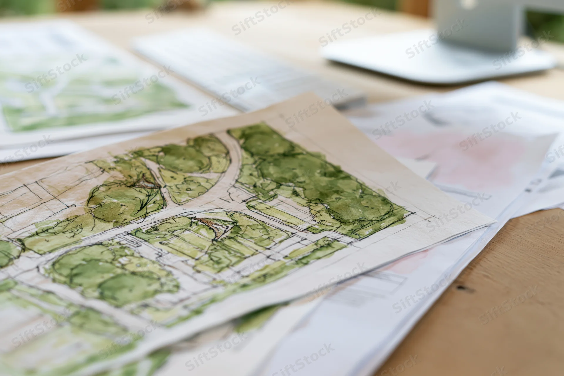 Hand-rendered garden plan sketch on wooden desk with design documents and laptop in background