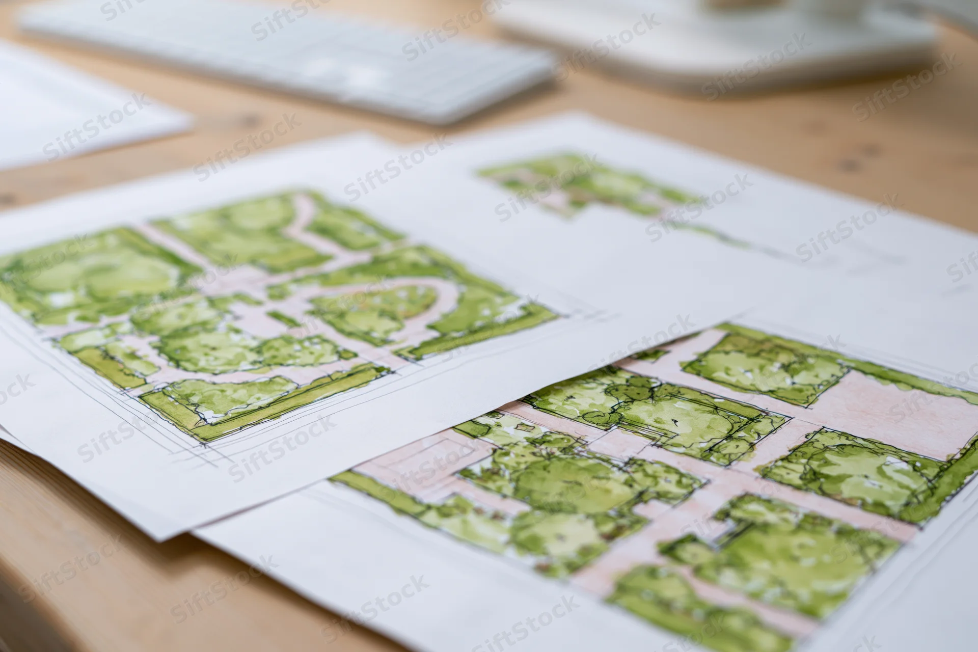 Hand-rendered garden plan sketches on a wooden desk in an office workspace