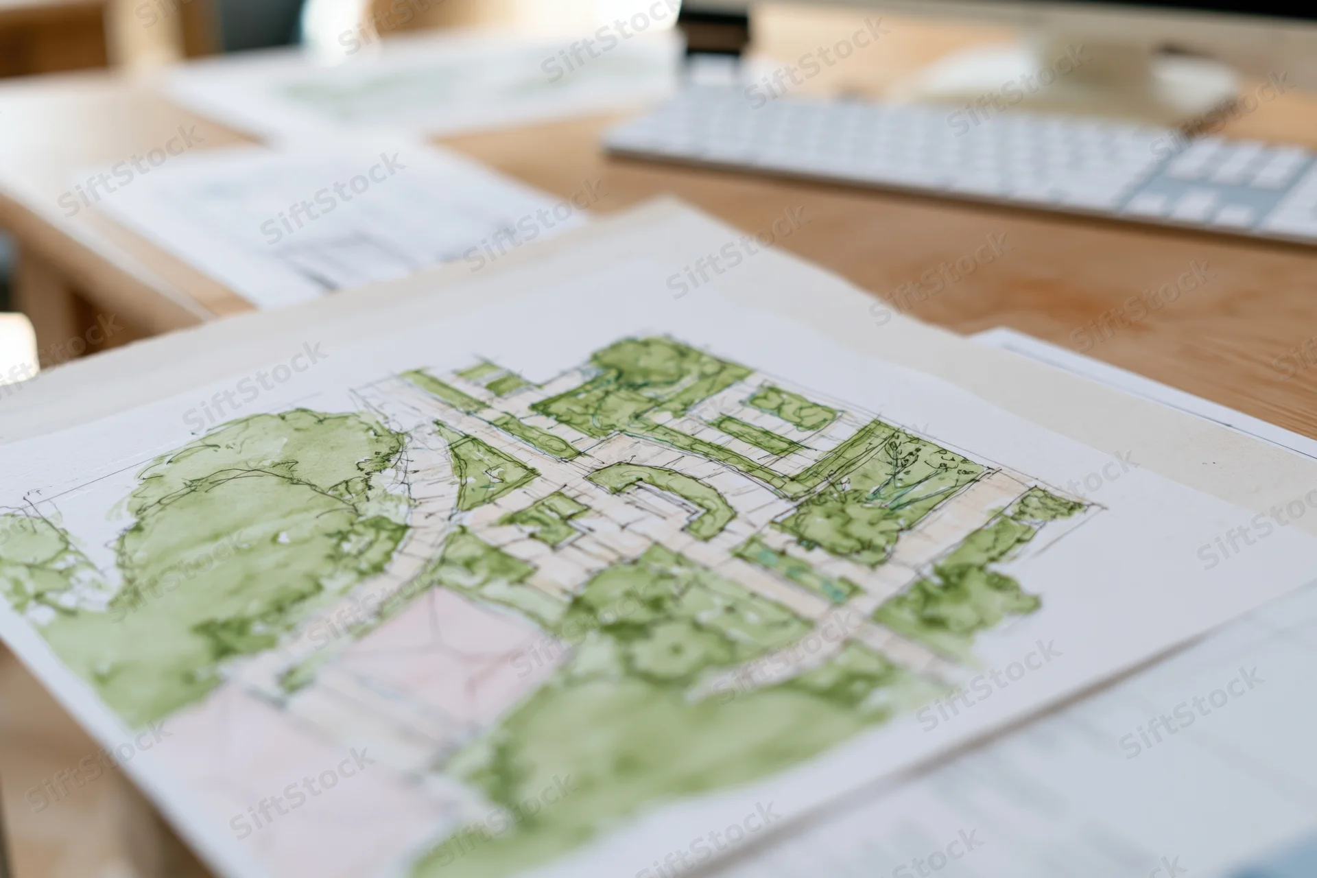 Hand-rendered garden plan sketch on desk with computer and design documents nearby