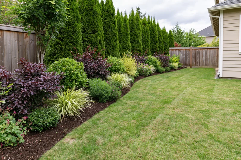 Landscaped suburban backyard with manicured green lawn and shrub border along wooden fence